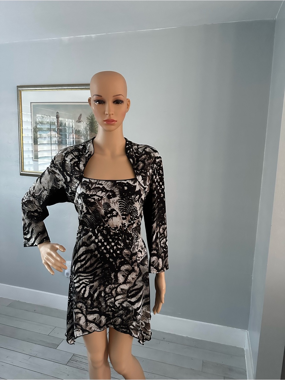 Joseph Ribkoff Black and White Printed Slip Dress with Matching Shrug